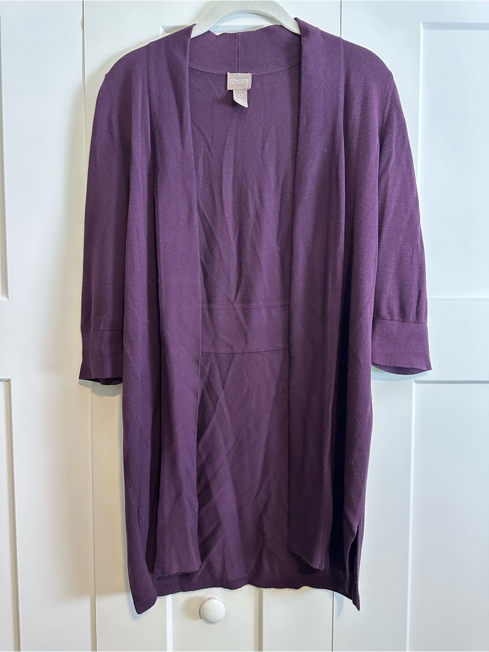 Chico's Deep Plum 3/4 Sleeve Open-Front Cardigan